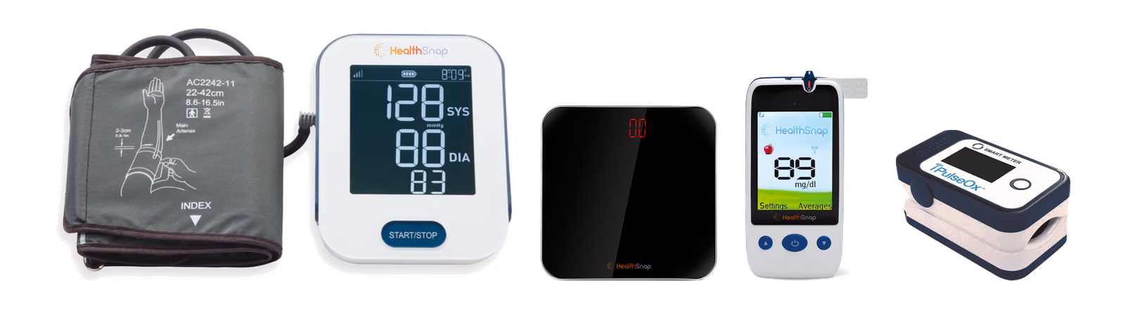 The four HealthSnap cellular devices — blood-pressure monitor, scale, glucometer and pulse oximeter